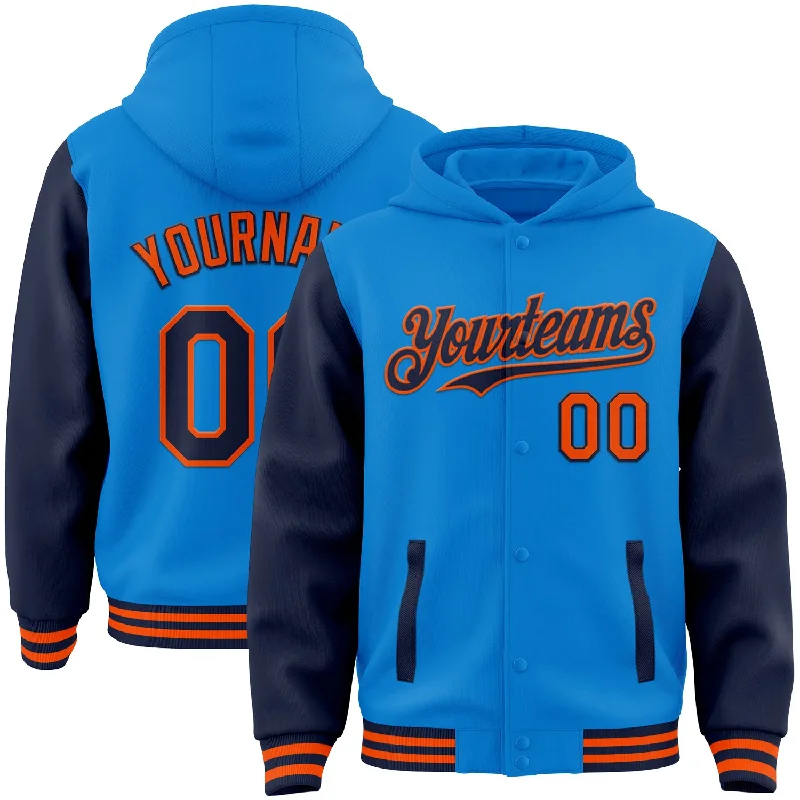 Sporty Hoodie for Jogging and Running-Custom Powder Blue Navy-Orange Bomber Full-Snap Varsity Letterman Two Tone Hoodie Jacket