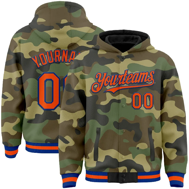 Comfortable Hoodie for Relaxing Days-Custom Camo Orange-Royal Bomber Full-Snap Varsity Letterman Salute To Service Hoodie Jacket