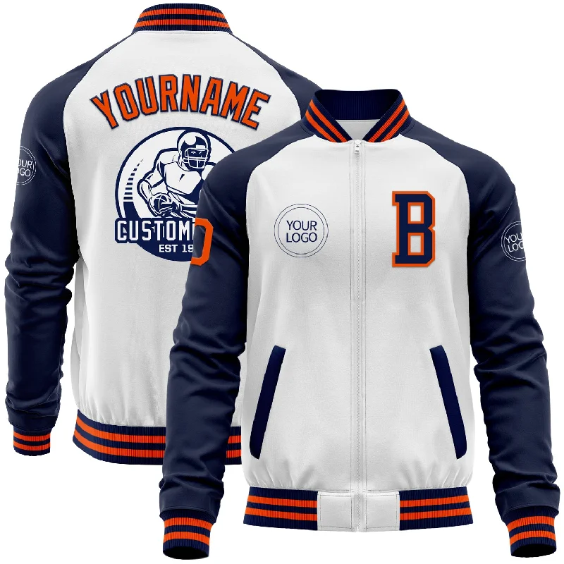 Elegant Wool Jacket for Classic Style-Custom White Orange-Navy Bomber Varsity Letterman Two Tone Zipper Jacket