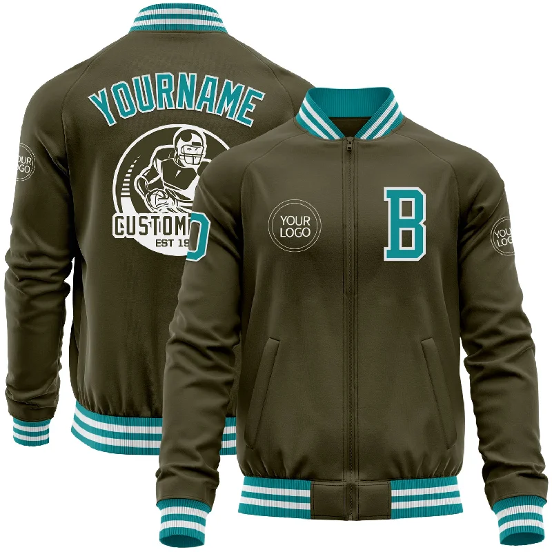 Reversible Jacket for Versatile Looks-Custom Olive Teal-White Bomber Varsity Letterman Salute To Service Zipper Jacket