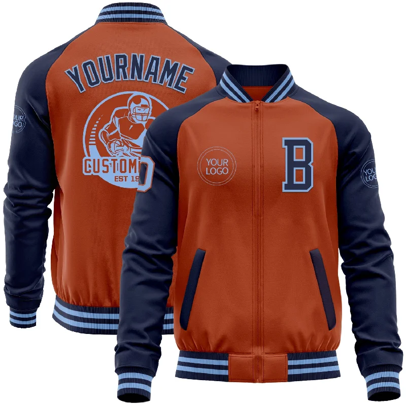 Classic Wool-Blend Jacket for Cold Weather-Custom Texas Orange Light Blue-Navy Bomber Varsity Letterman Two Tone Zipper Jacket