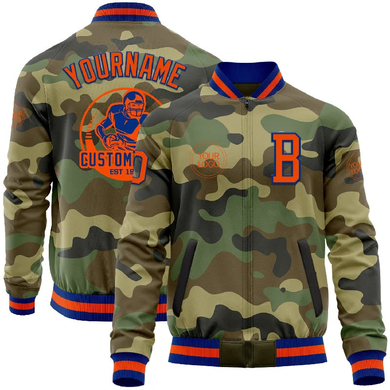 Trendy Zip Jacket for Athletic Look-Custom Camo Orange-Royal Bomber Varsity Letterman Salute To Service Zipper Jacket