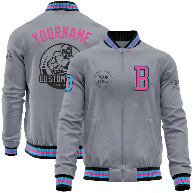 Warm Quilted Winter Jacket for Cold Days-Custom Gray Sky Blue Black-Pink Bomber Varsity Letterman Zipper Jacket