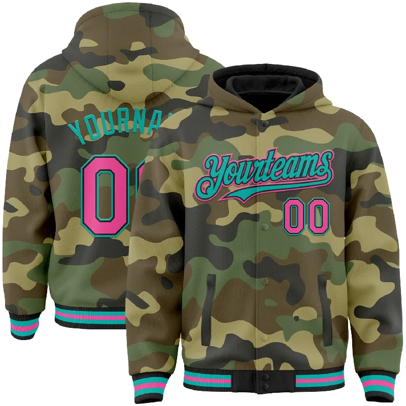 Stylish Hooded Pullover for Casual Outfits-Custom Camo Pink Black-Aqua Bomber Full-Snap Varsity Letterman Salute To Service Hoodie Jacket