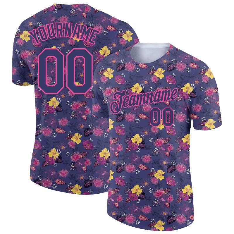 Custom Logo T-Shirt for Company Branding-Custom Navy Pink 3D Pattern Design Flower Performance T-Shirt