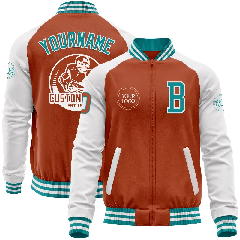 Vintage Work Jacket for Casual Wear-Custom Texas Orange Teal-White Bomber Varsity Letterman Two Tone Zipper Jacket