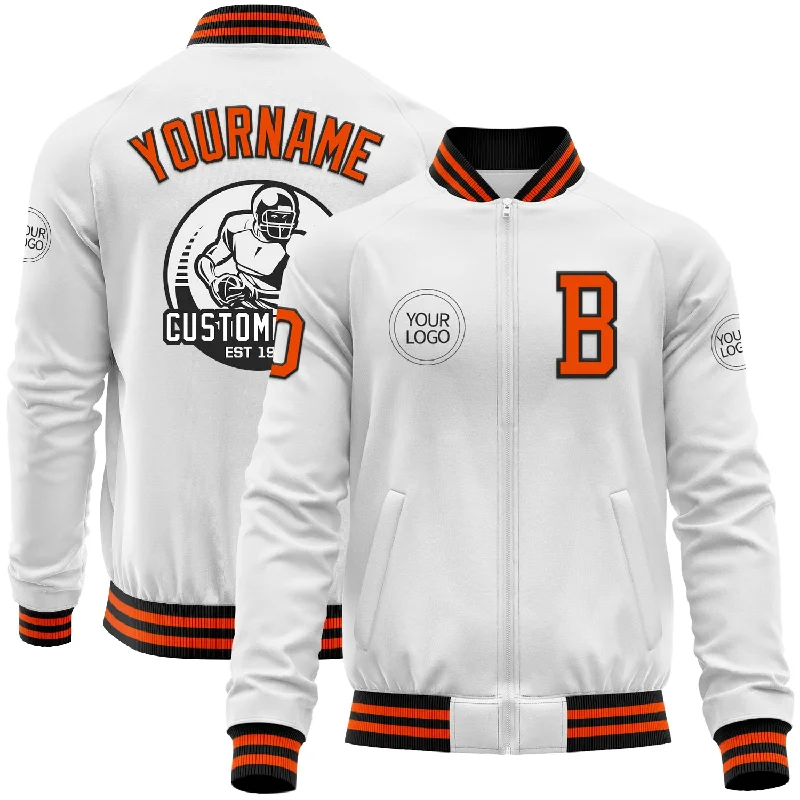 Classic Field Jacket for Rugged Outdoors-Custom White Orange-Black Bomber Varsity Letterman Zipper Jacket