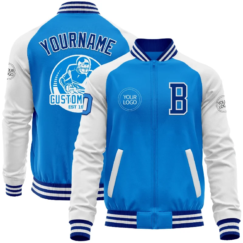 Trendy Bomber Jacket with Patches for Unique Look-Custom Powder Blue Royal-White Bomber Varsity Letterman Two Tone Zipper Jacket