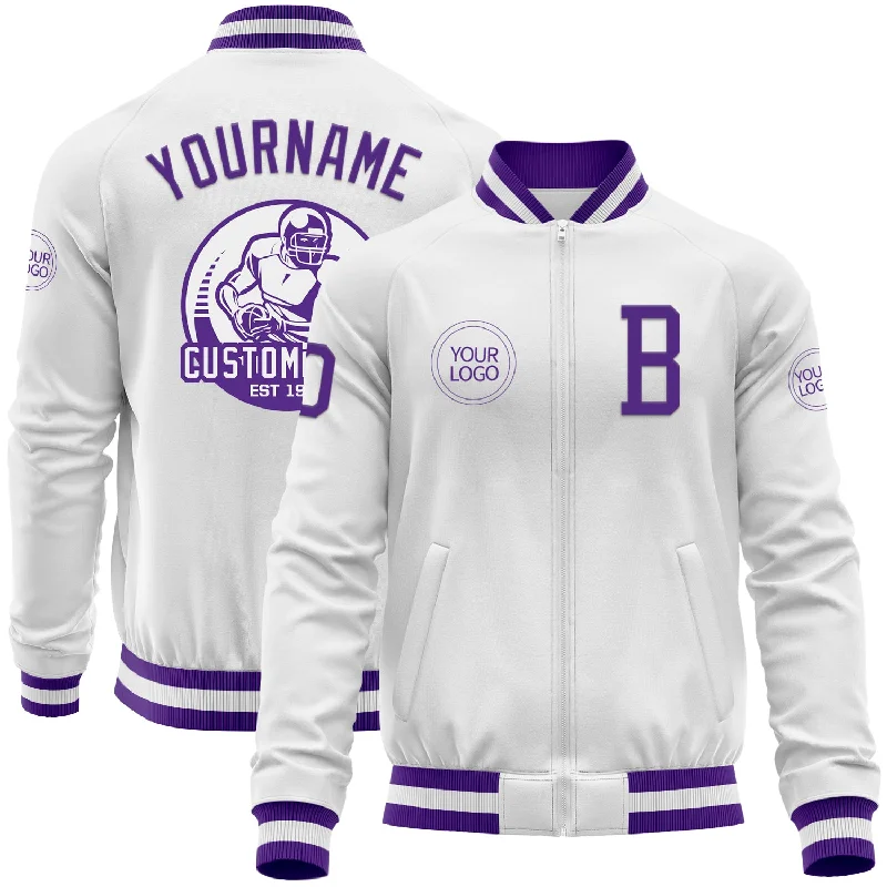 Comfortable Zip-Up Hoodie Jacket for Layering-Custom White Purple Bomber Varsity Letterman Zipper Jacket