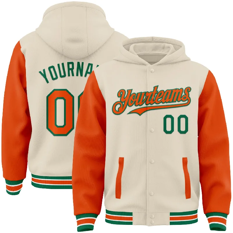 Trendy Graphic Hoodie for Fashion Forward-Custom Cream Orange Kelly Green-White Bomber Full-Snap Varsity Letterman Two Tone Hoodie Jacket