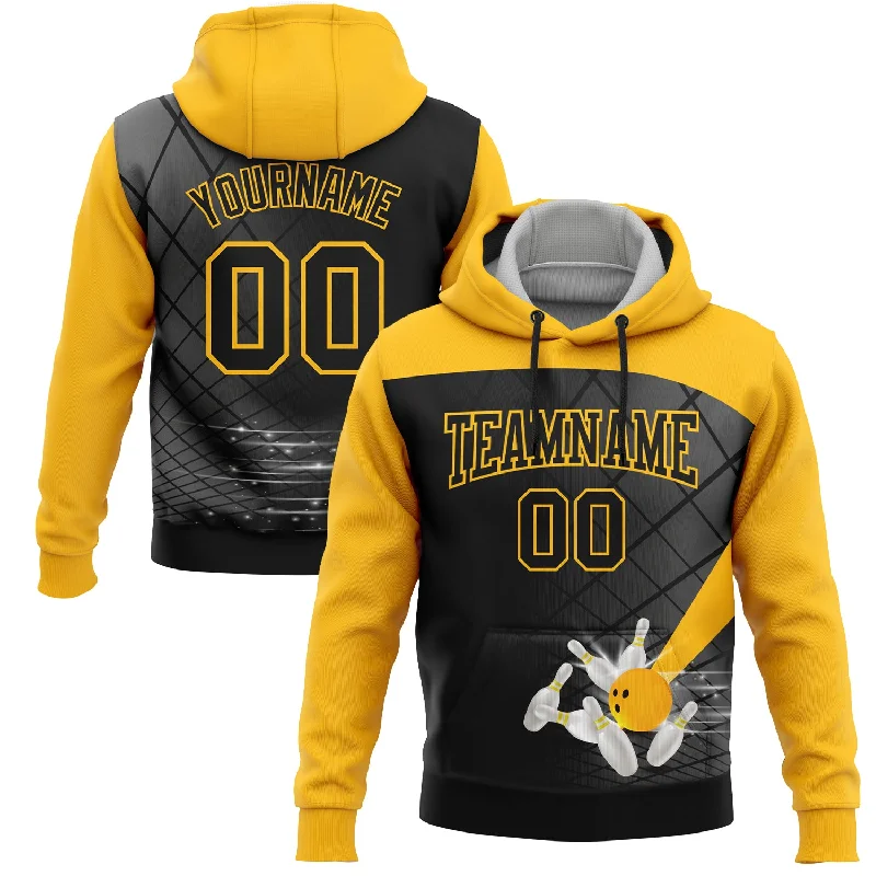 Comfy Hoodie with Fleece Lining for Warmth-Custom Stitched Black Gold 3D Bowling Sports Pullover Sweatshirt Hoodie