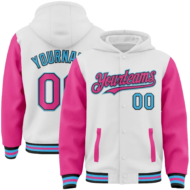 Soft Fleece Hoodie for Ultimate Comfort-Custom White Pink Black-Sky Blue Bomber Full-Snap Varsity Letterman Two Tone Hoodie Jacket