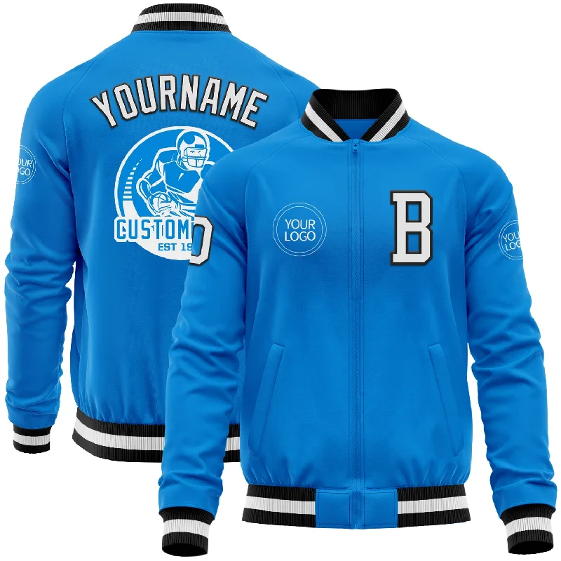 Cool Printed Jacket for Bold Fashion Statements-Custom Powder Blue White-Black Bomber Varsity Letterman Zipper Jacket