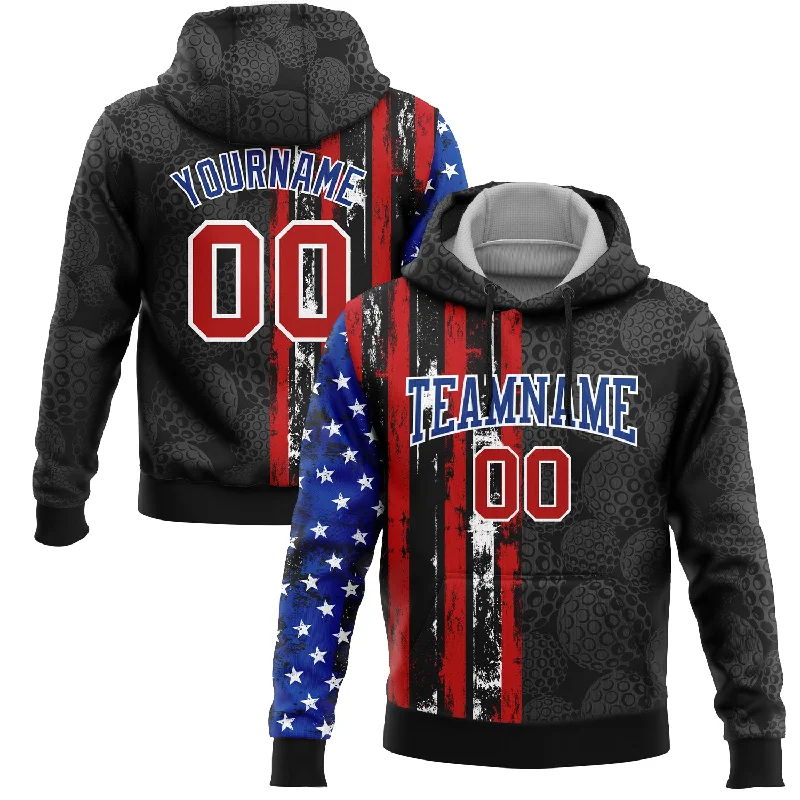 Fashionable Hoodie for Sporty and Casual Look-Custom Stitched Black Red-Royal 3D Golf Ball American Flag Sports Pullover Sweatshirt Hoodie