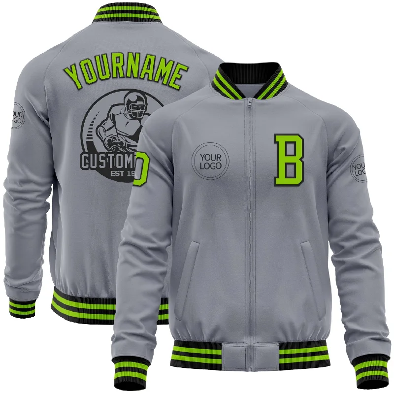 Elegant Fur-Lined Jacket for Luxury Wear-Custom Gray Neon Green-Black Bomber Varsity Letterman Zipper Jacket