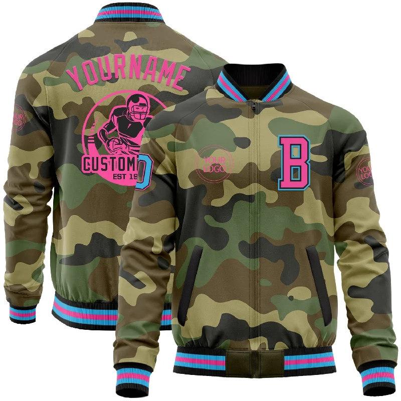 Soft Faux Fur Bomber Jacket for Fashion-Forward Winter-Custom Camo Sky Blue Black-Pink Bomber Varsity Letterman Salute To Service Zipper Jacket