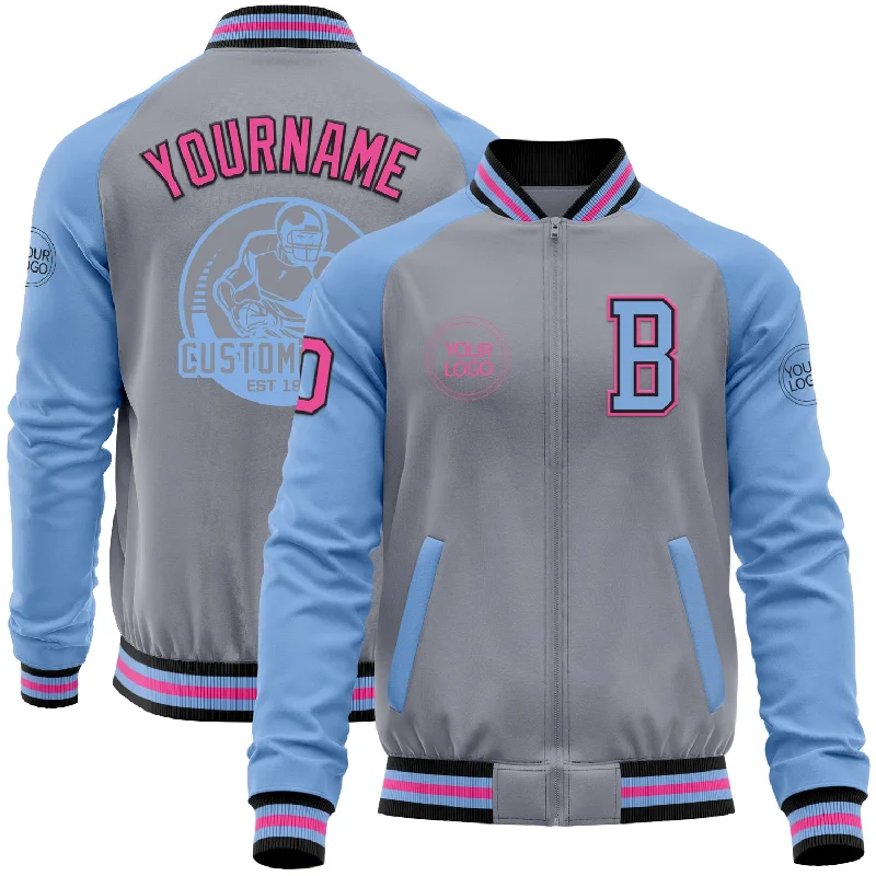 Warm Quilted Jacket for Comfort in Winter-Custom Gray Pink Black-Light Blue Bomber Varsity Letterman Two Tone Zipper Jacket