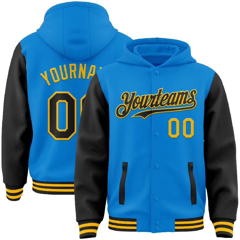 Street Style Hoodie with Bold Colors-Custom Powder Blue Black-Gold Bomber Full-Snap Varsity Letterman Two Tone Hoodie Jacket