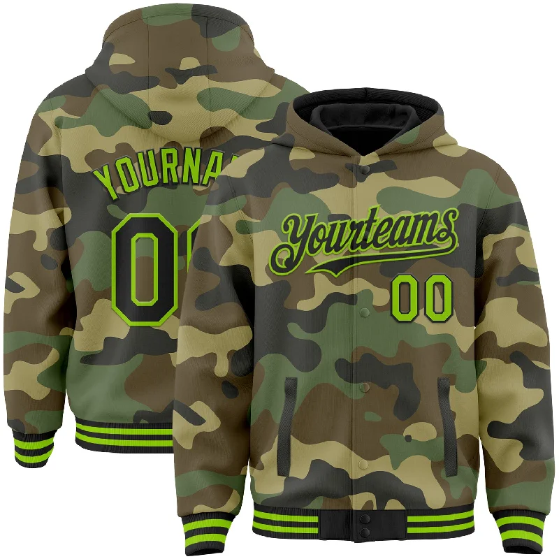 Warm Fleece Lined Hoodie for Winter Protection-Custom Camo Black-Neon Green Bomber Full-Snap Varsity Letterman Salute To Service Hoodie Jacket