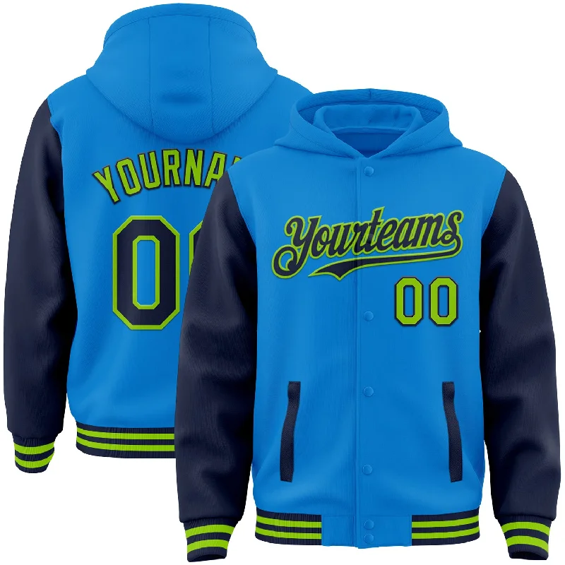 Comfy Hoodie for Lounging at Home-Custom Powder Blue Navy-Neon Green Bomber Full-Snap Varsity Letterman Two Tone Hoodie Jacket