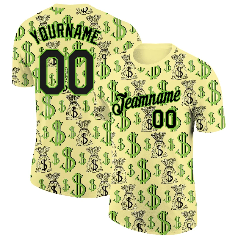 Trendy Vintage Wash T-Shirt for Retro Vibe-Custom Light Yellow Black-Aurora Green 3D Pattern Design Dollar Sign Money Theme Performance T-Shirt