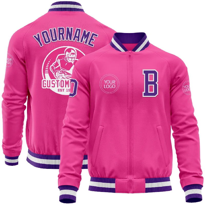 Wind-Resistant Jacket for Active Lifestyles-Custom Pink Purple-White Bomber Varsity Letterman Zipper Jacket