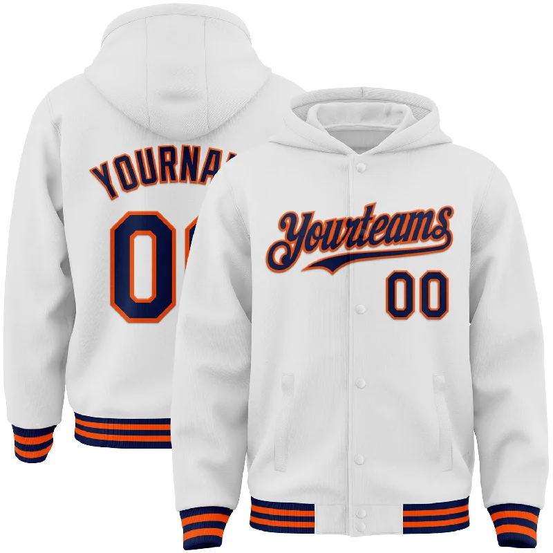 Basic Hoodie for Simple, Classic Style-Custom White Navy-Orange Bomber Full-Snap Varsity Letterman Hoodie Jacket