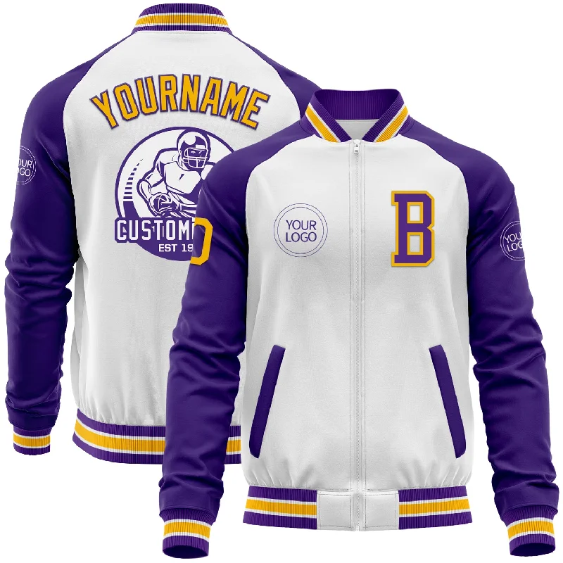 Casual Outdoor Jacket for Adventure Seekers-Custom White Gold-Purple Bomber Varsity Letterman Two Tone Zipper Jacket