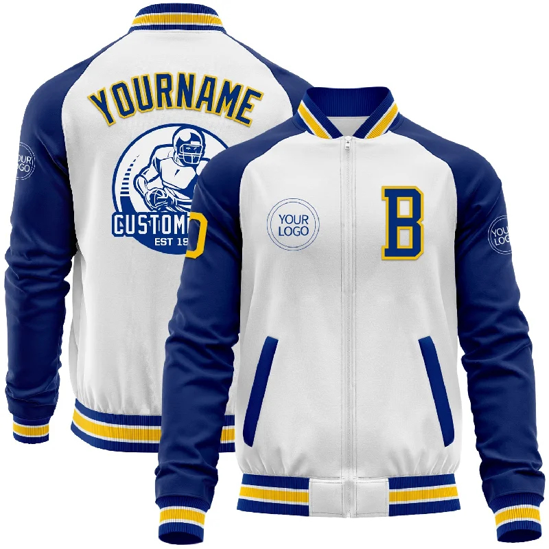 Premium Ski Jacket for Winter Sports-Custom White Yellow-Royal Bomber Varsity Letterman Two Tone Zipper Jacket