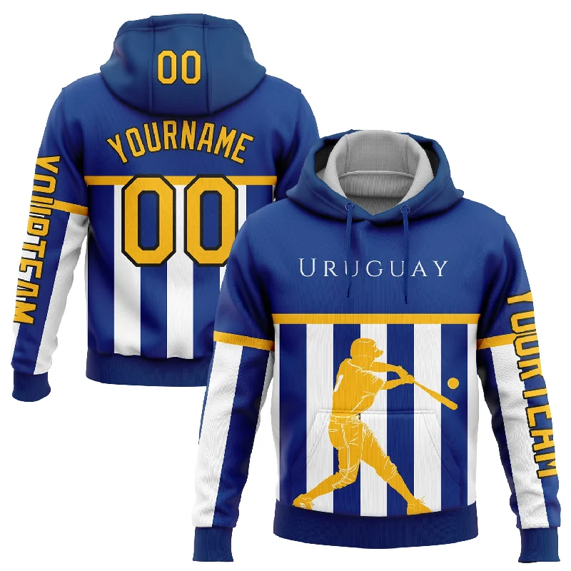 Stylish Hoodie with Patches for a Unique Look-Custom Stitched Royal Gold-Black 3D Uruguay Uruguayan Flag Sports Pullover Sweatshirt Hoodie