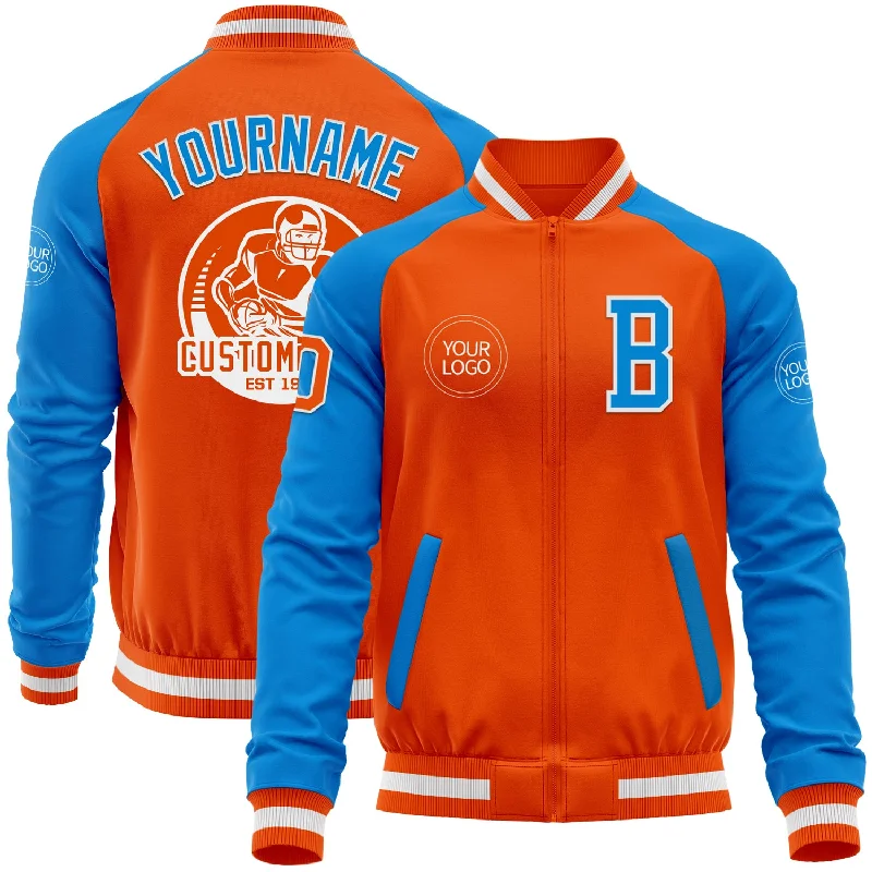 Urban Style Windbreaker Jacket for City Living-Custom Orange White-Powder Blue Bomber Varsity Letterman Two Tone Zipper Jacket