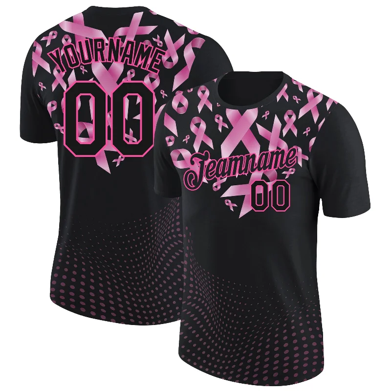 Colorful Graphic T-Shirt for Bold Statements-Custom Black Pink 3D Pink Ribbon Breast Cancer Heart Performance T-Shirt