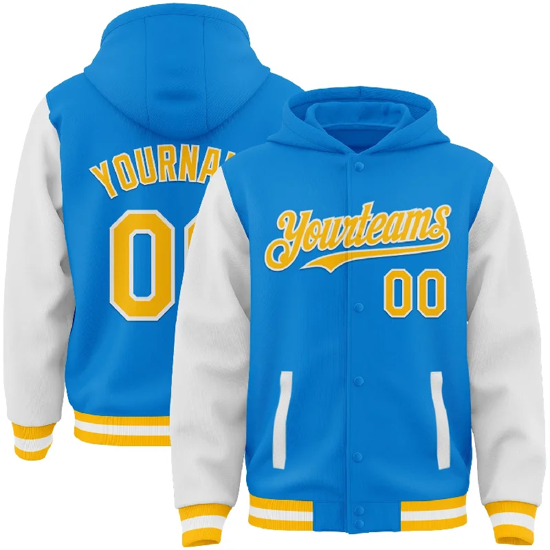 Trendy Zip-Up Hoodie with Colorful Design-Custom Powder Blue Gold-White Bomber Full-Snap Varsity Letterman Two Tone Hoodie Jacket