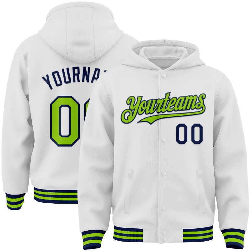 Stylish Hoodie for Urban Fashion-Custom White Neon Green-Navy Bomber Full-Snap Varsity Letterman Hoodie Jacket