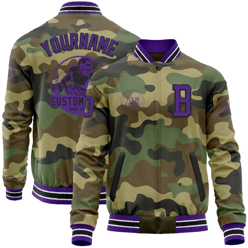 Classic High Collar Jacket for Cold Days-Custom Camo Purple-Black Bomber Varsity Letterman Salute To Service Zipper Jacket