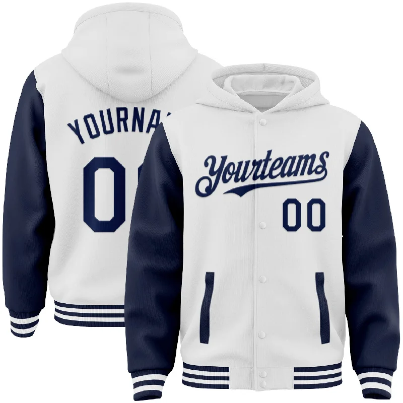 Casual Hoodie for Every Season-Custom White Navy Bomber Full-Snap Varsity Letterman Two Tone Hoodie Jacket