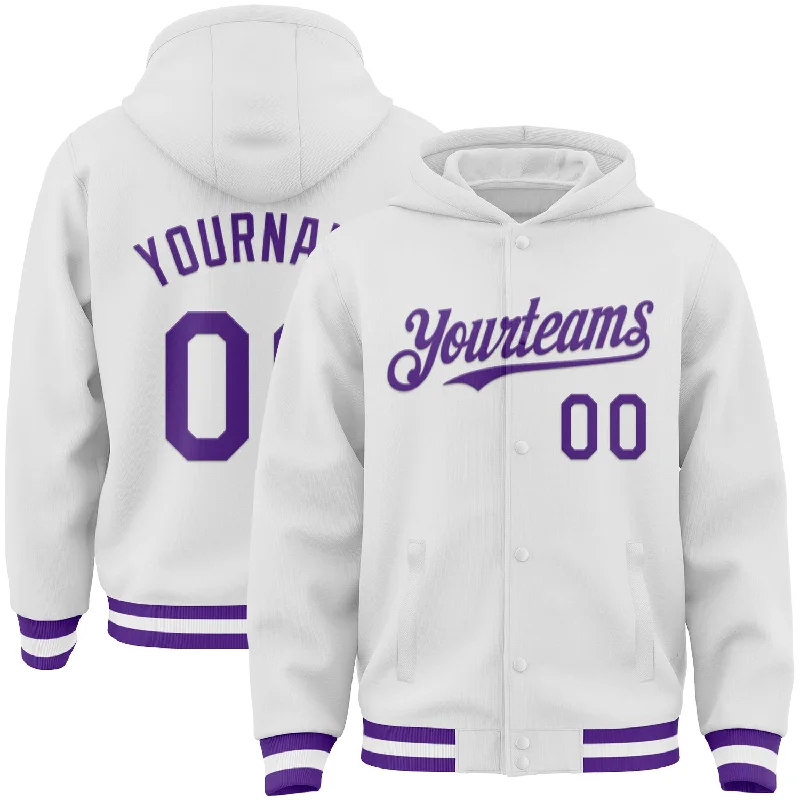 Classic Hoodie with Drawstring for Adjustable Fit-Custom White Purple Bomber Full-Snap Varsity Letterman Hoodie Jacket