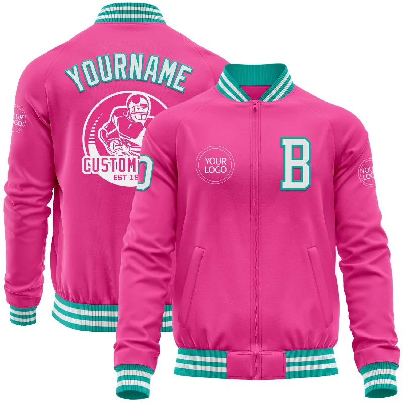 Classic Field Jacket for Rugged Outdoors-Custom Pink White-Aqua Bomber Varsity Letterman Zipper Jacket