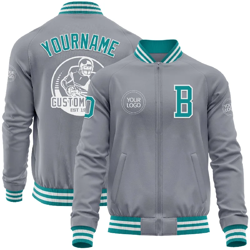 Elegant Wool Jacket for Classic Style-Custom Gray Teal-White Bomber Varsity Letterman Zipper Jacket