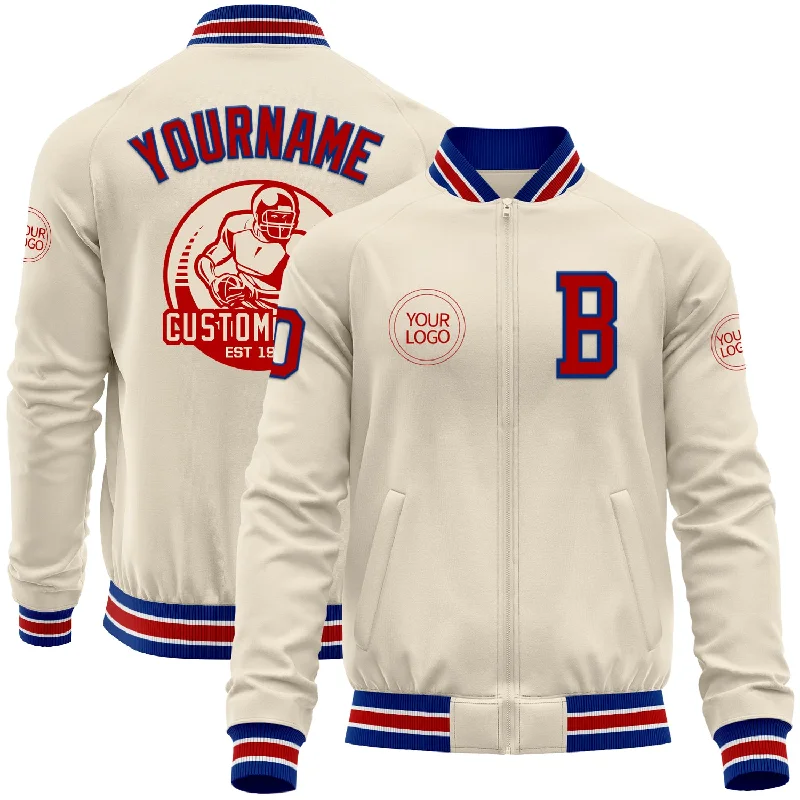 Vintage-Inspired Varsity Jacket for Nostalgic Fashion-Custom Cream Red Royal-White Bomber Varsity Letterman Zipper Jacket