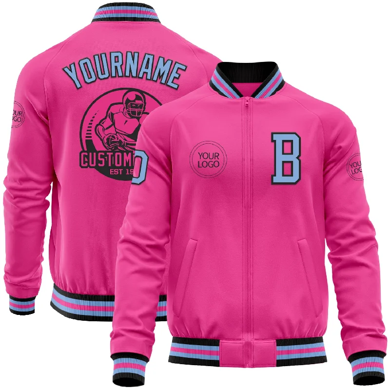 Stylish Cropped Jacket for Fashionable Look-Custom Pink Light Blue-Black Bomber Varsity Letterman Zipper Jacket