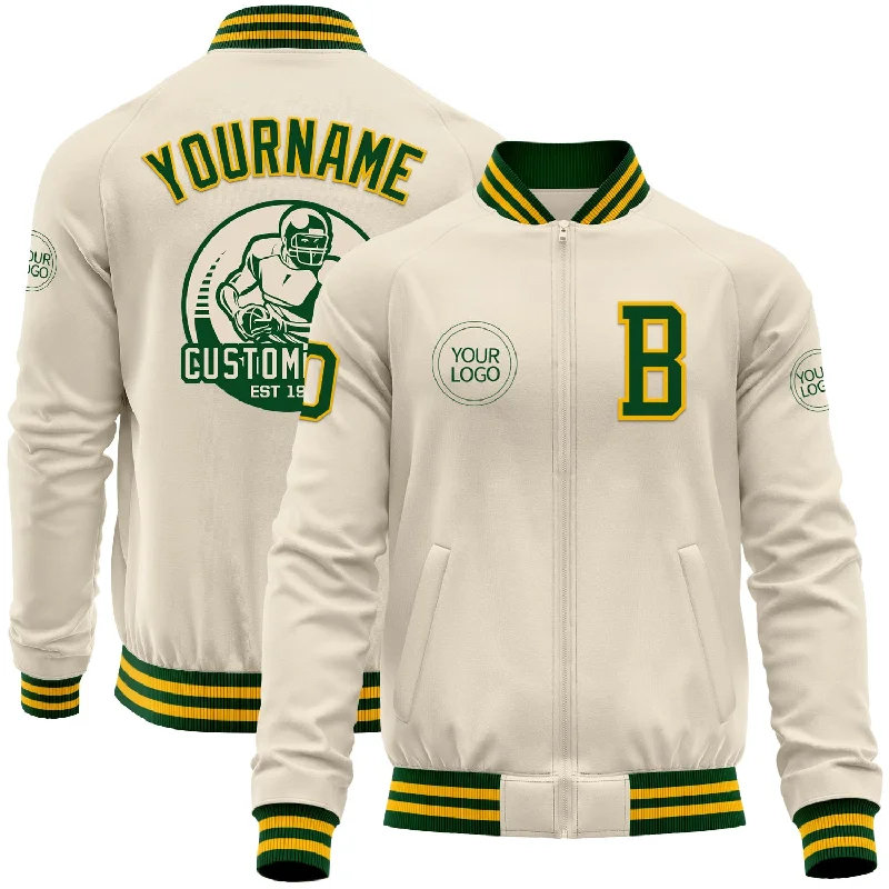 Stylish Utility Jacket for Practical Fashion-Custom Cream Green-Gold Bomber Varsity Letterman Zipper Jacket