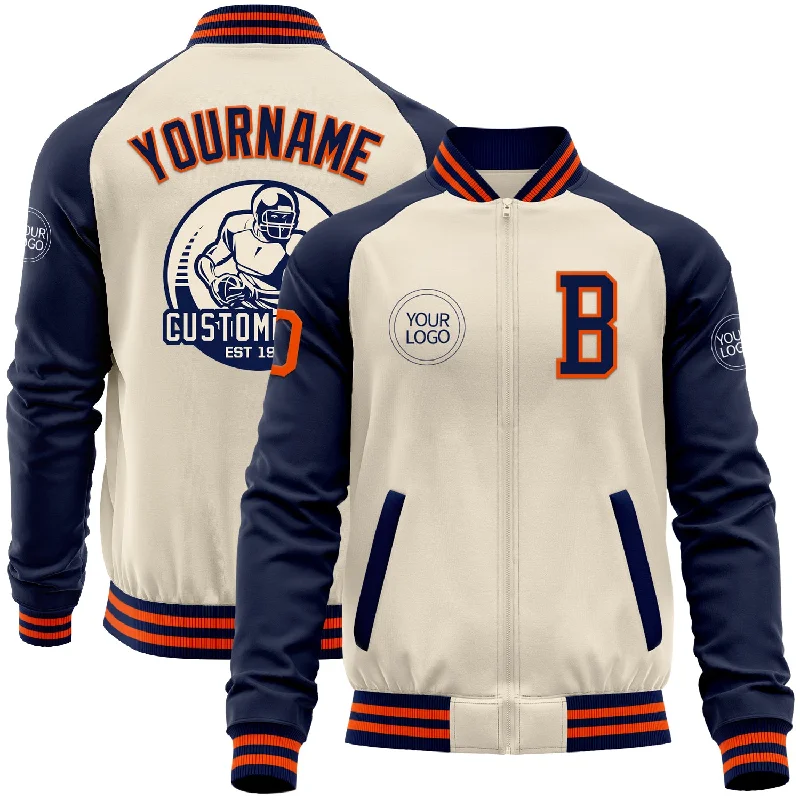 Premium Snow Jacket for Skiing and Snowboarding-Custom Cream Orange-Navy Bomber Varsity Letterman Two Tone Zipper Jacket