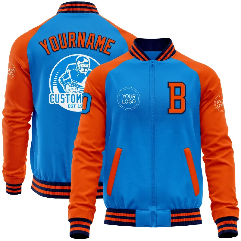 Casual Bomber Jacket for Street Style-Custom Powder Blue Navy-Orange Bomber Varsity Letterman Two Tone Zipper Jacket