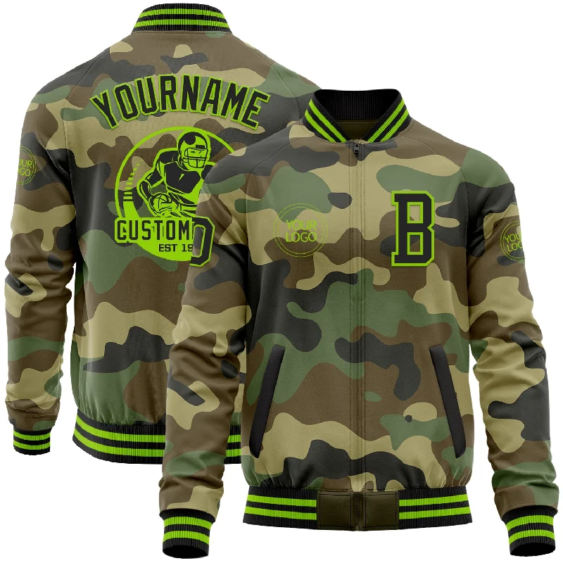 Cool Color-Blocked Jacket for Bold Outfits-Custom Camo Black-Neon Green Bomber Varsity Letterman Salute To Service Zipper Jacket