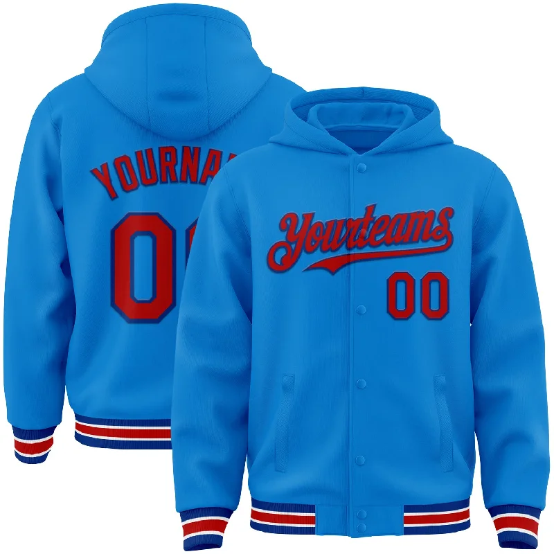 Athletic Hoodie for Training and Running-Custom Powder Blue Red-Royal Bomber Full-Snap Varsity Letterman Hoodie Jacket