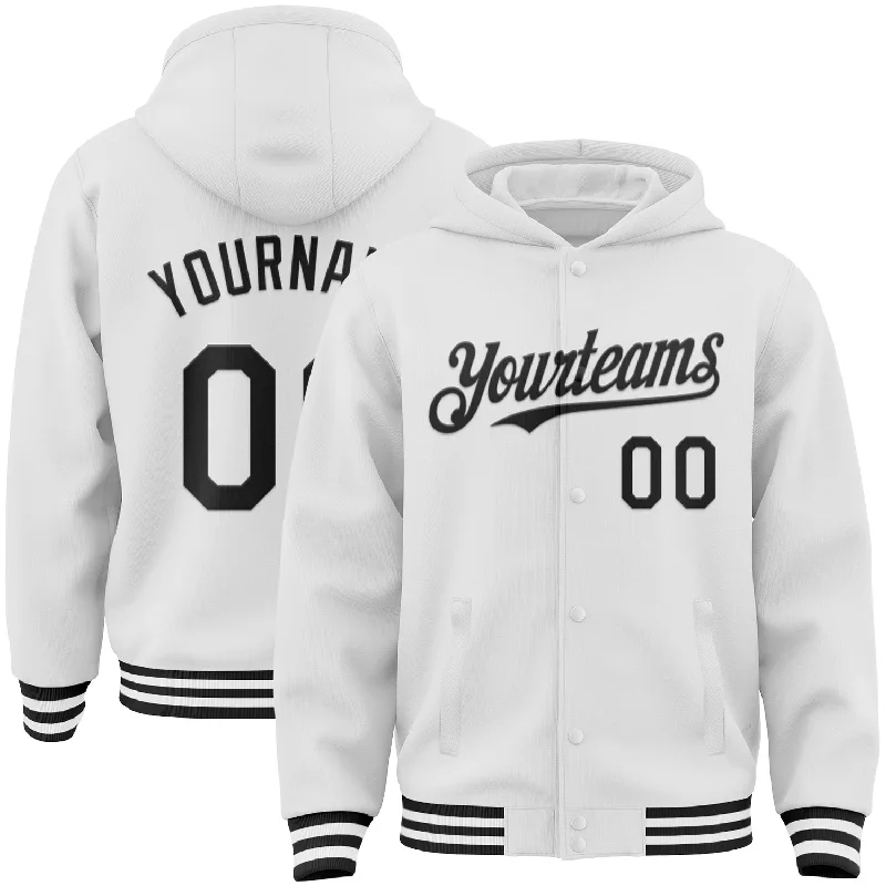 Classic Fit Hoodie for Everyday Comfort-Custom White Black Bomber Full-Snap Varsity Letterman Hoodie Jacket