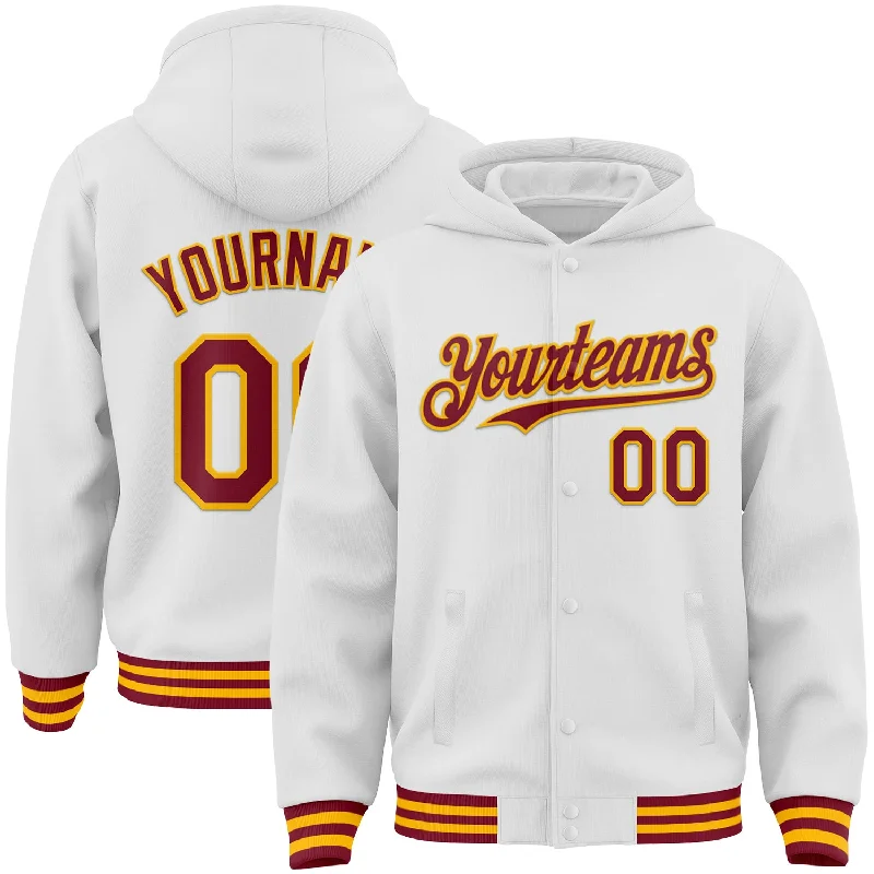 Comfortable Hoodie for School Days-Custom White Crimson-Gold Bomber Full-Snap Varsity Letterman Hoodie Jacket