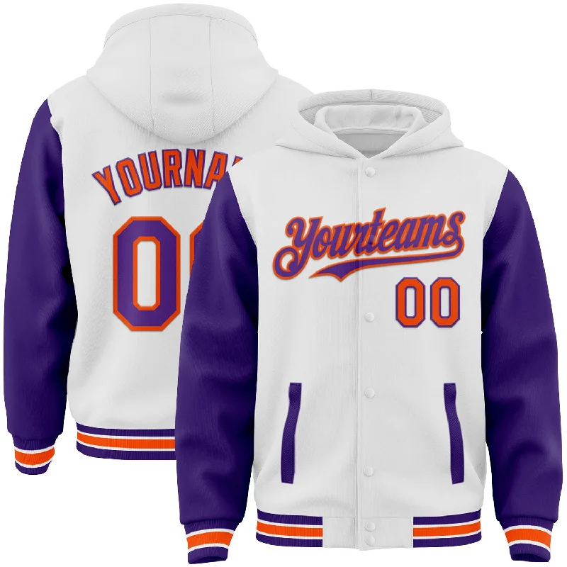 Streetwear Hoodie for Edgy Style-Custom White Purple-Orange Bomber Full-Snap Varsity Letterman Two Tone Hoodie Jacket