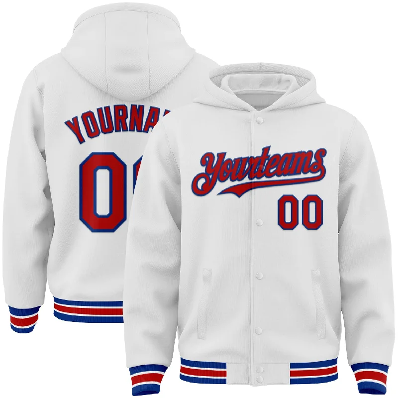 Soft Hooded Sweatshirt for Comfort and Style-Custom White Red-Royal Bomber Full-Snap Varsity Letterman Hoodie Jacket